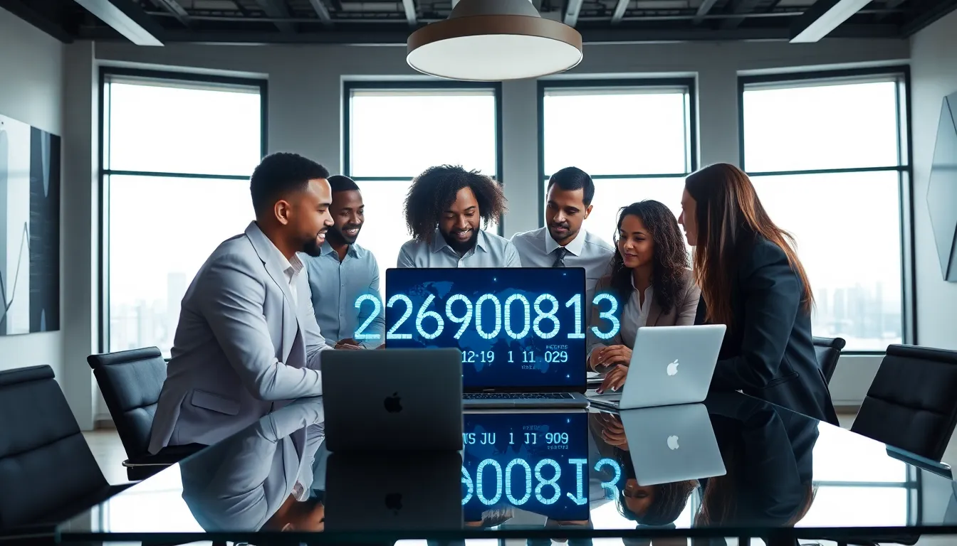 diverse professionals discussing numerical insights in a modern workspace.